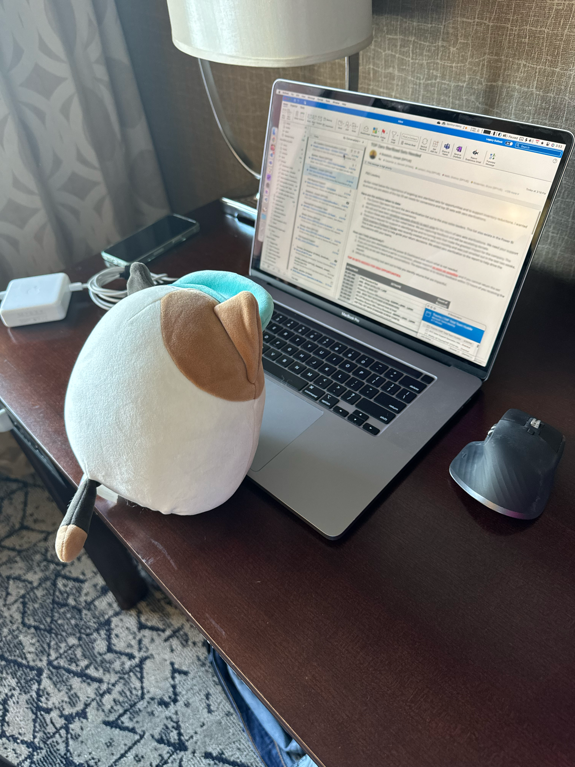 A photo of a calico cat Squishmallows toy looking at a laptop computer